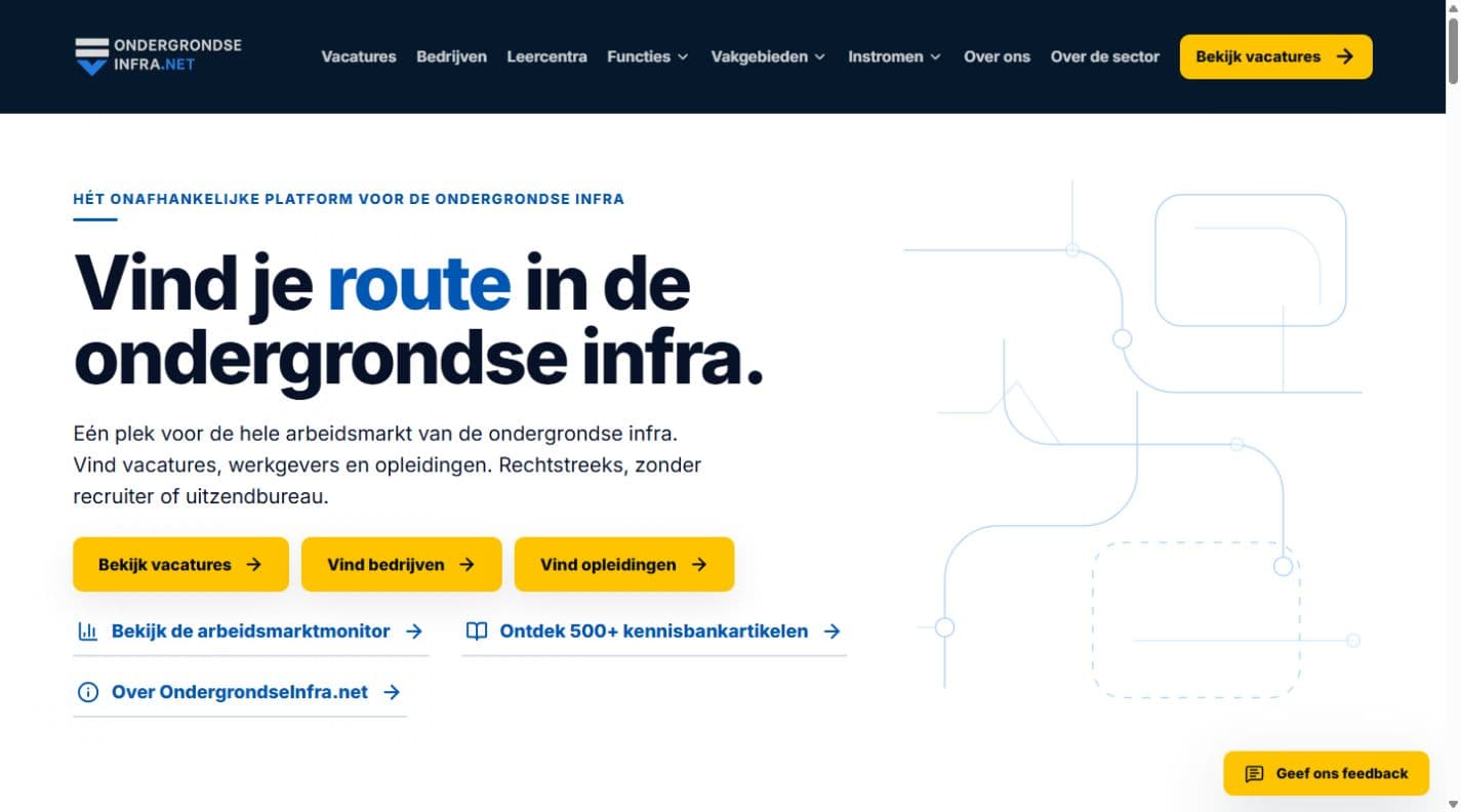 Homepage van OndergrondseInfra.net met vacatures, bedrijven en opleidingen